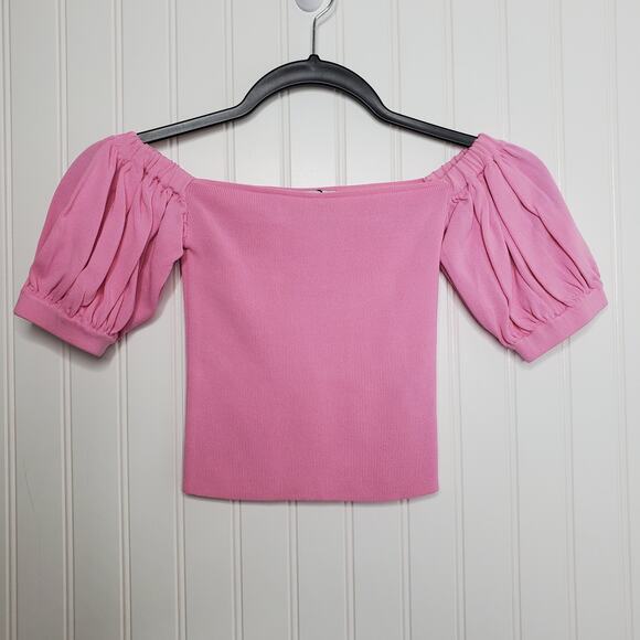 ZARA Women's Pink Balloon Sleeve Knit Top Size XS Puff Sleeve Barbie Stretchy - Picture 7 of 7